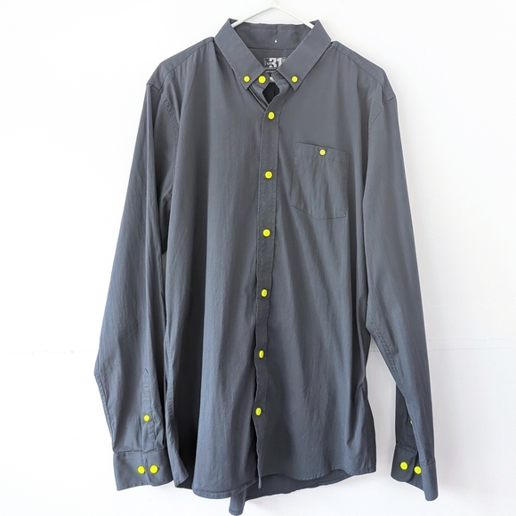 Le 31 Men's Blue-gray + Neon Yellow Buttons Long Sleeve Dress Shirt - Size Large - Picture 2 of 7